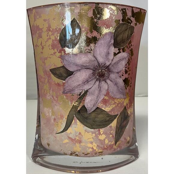 Floral Collage Pink Glass Vase with Gold Flakes, Signed Art Vase - Picture 2 of 5